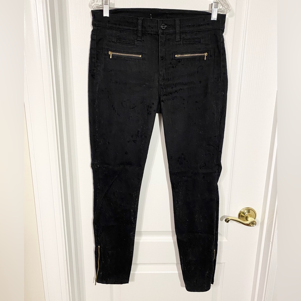 7FAM Gold Zippered Shimmer Velvet Patterned Black Jeans Sz 28 7 For All Mankind